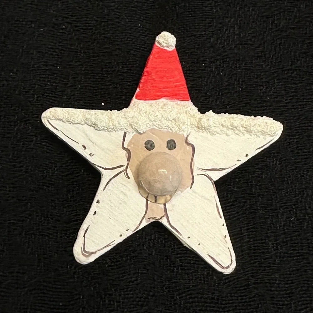 Primitive Wooden Santa Star Brooch Rustic Christmas Folk‎ Art Pin Holiday
